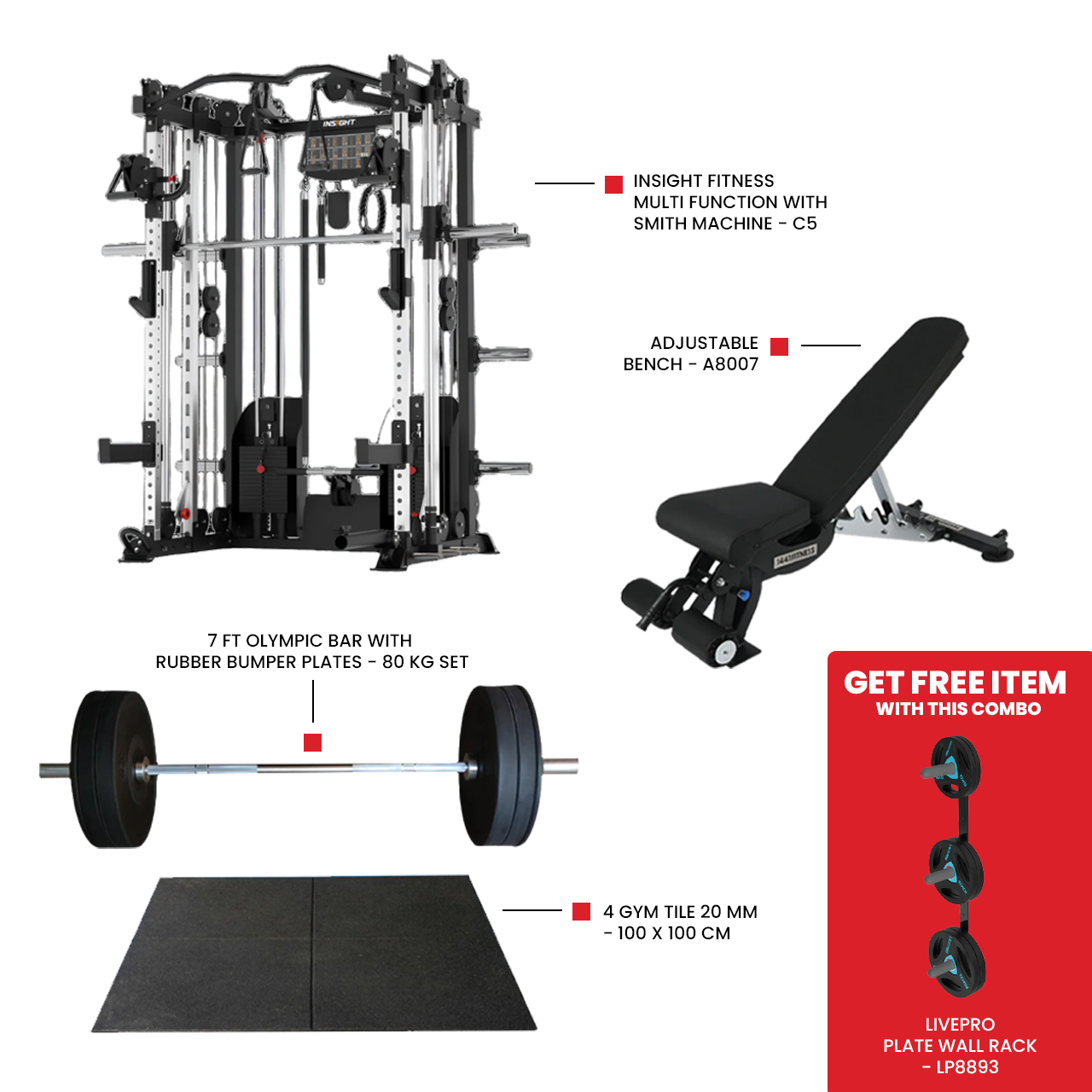 Heavy Duty Gym Tile 20 MM -100 x 100 CM Adjustable Bench A8007 7 Ft Olympic Bar with Rubber Bumper Plates - 80 KG Set Insight Fitness Multi Function with Smith Machine - C5