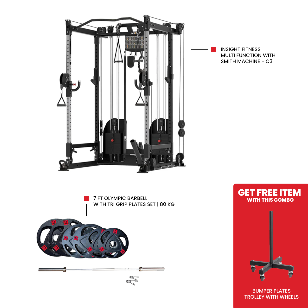 Insight Fitness Multi Function with Squat Rack - C3 7 Ft Olympic Barbell with Tri Grip Plates Set | 80 kg