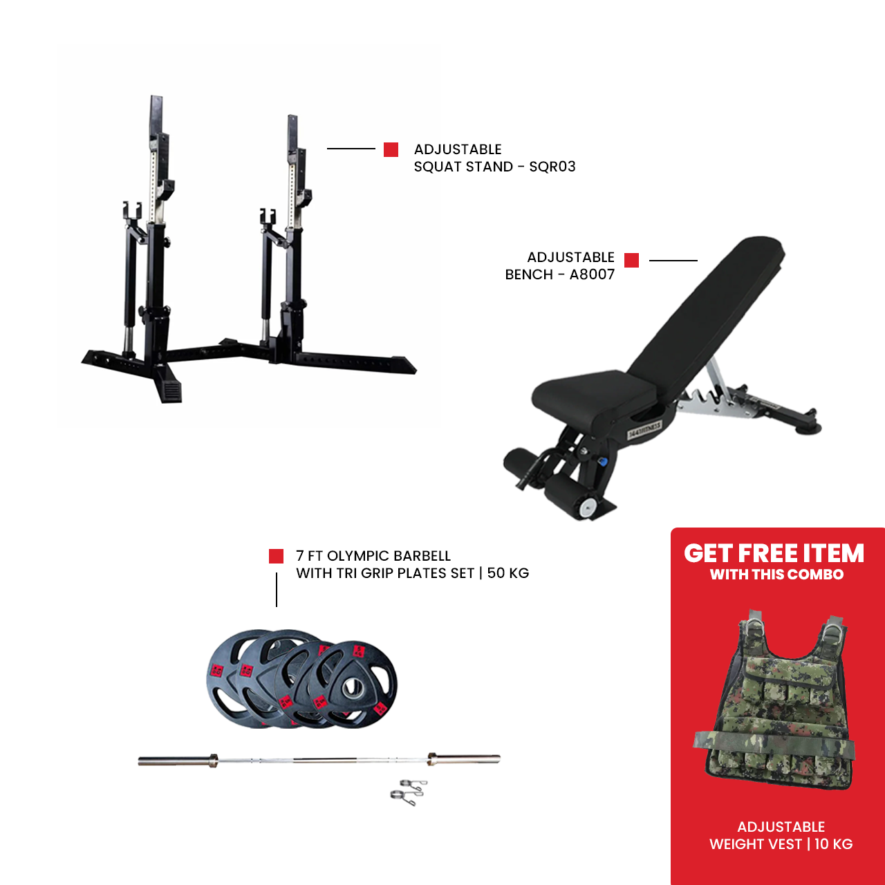 Adjustable bench A8007 for home gym workout 7 Ft Olympic Barbell with Tri Grip Plates Set | 50 kg Adjustable Squat Stand - SQR03