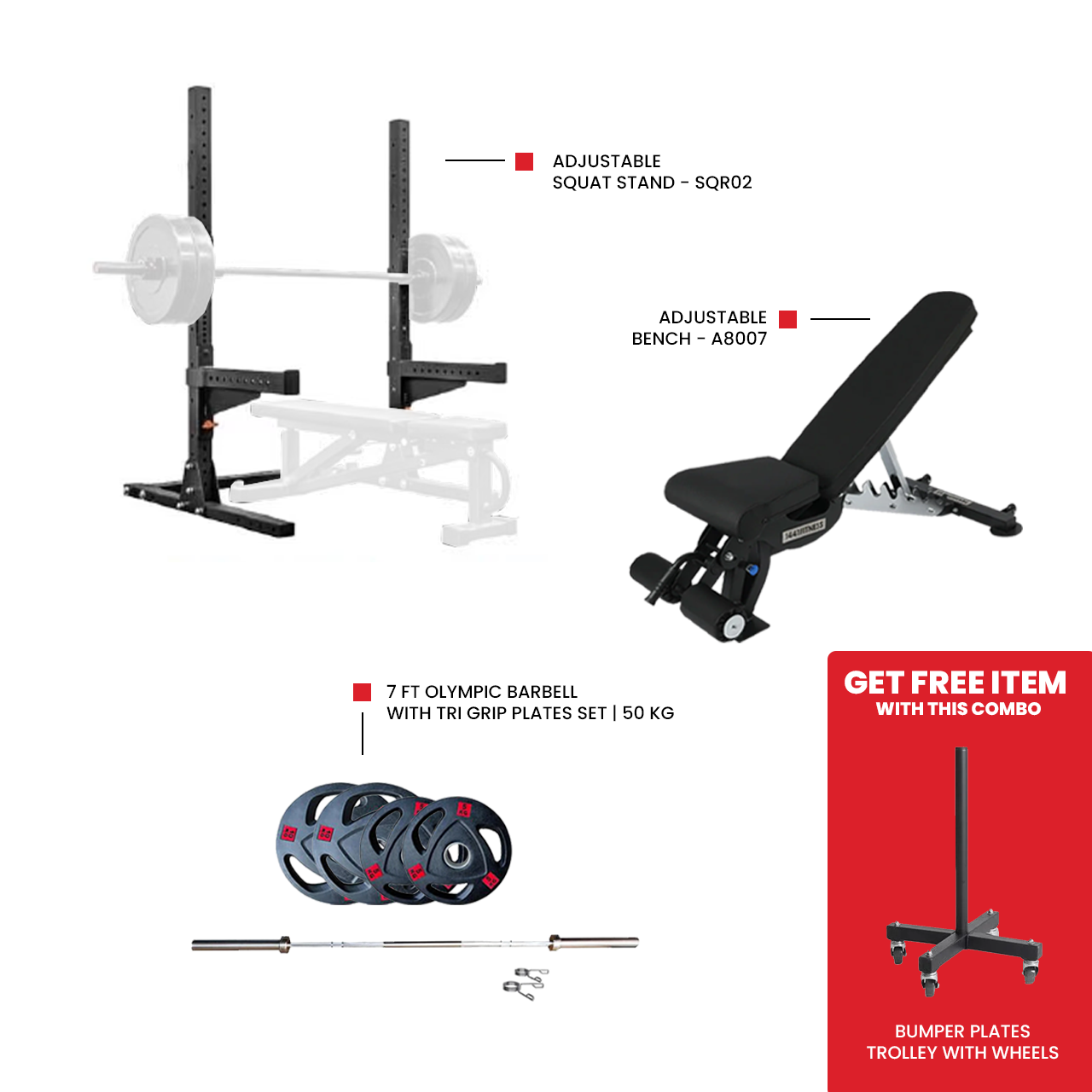Adjustable bench A8007 for home gym workout 7 Ft Olympic Barbell with Tri Grip Plates Set | 50 kg Adjustable Squat Stand - SQR02