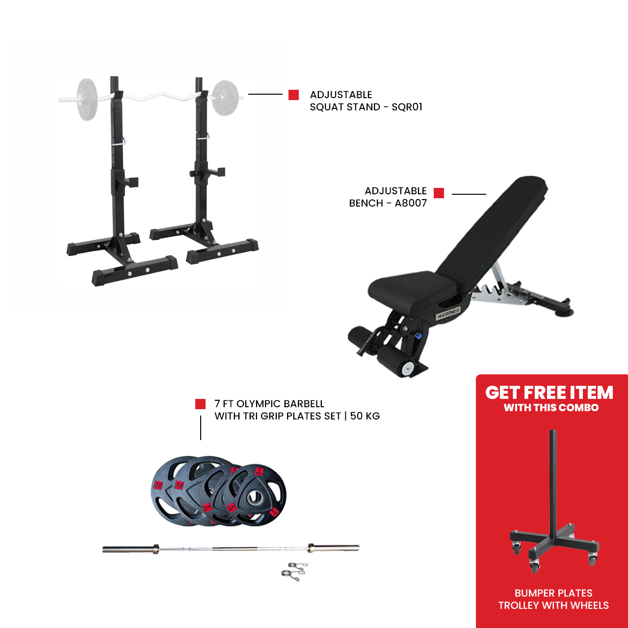 Adjustable bench A8007 for home gym workout 7 Ft Olympic Barbell with Tri Grip Plates Set | 50 kg Adjustable Squat Stand - SQR01
