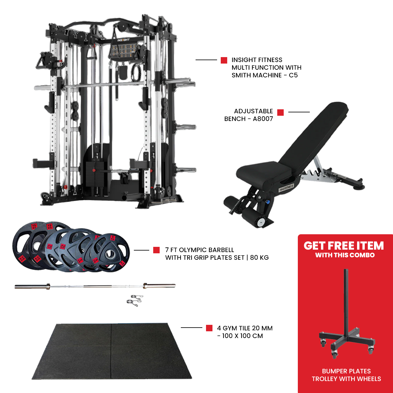 Heavy Duty Gym Tile 20 MM -100 x 100 CM Adjustable bench A8007 for home gym workout 7 Ft Olympic Barbell with Tri Grip Plates Set | 80 kg Insight Fitness Multi Function with Smith Machine - C5