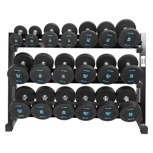 1441 Fitness PU Rubber Round Dumbbell Combo Set 2.5 Kg - 25 Kg (10 Pairs) with 3 Tier Rack 