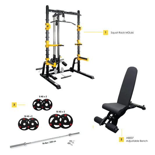 Combo Offer Squat Rack MDL66 + 7 ft Bar and 80 Kg Tri Grip Set with Adjustable Bench A8007 