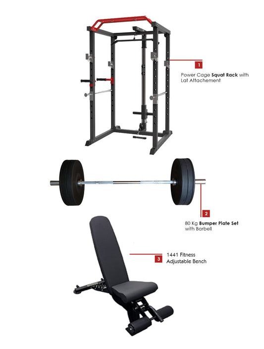 Combo Offer | Power Cage Squat Rack J008 +80 KG Apus Bumper Plate Set + Adjustable Bench A8007 