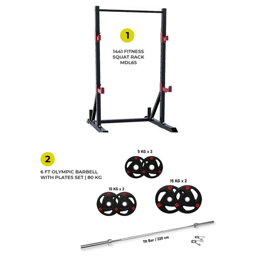 Combo Offer 1441 Fitness Squat Rack MDL65 with 7 Ft Bar with 80 Kg Tri Grip Plates Set 