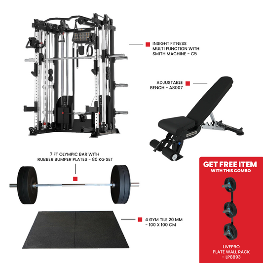 Heavy Duty Gym Tile 20 MM -100 x 100 CM Adjustable Bench A8007 7 Ft Olympic Bar with Rubber Bumper Plates - 80 KG Set Insight Fitness Multi Function with Smith Machine - C5