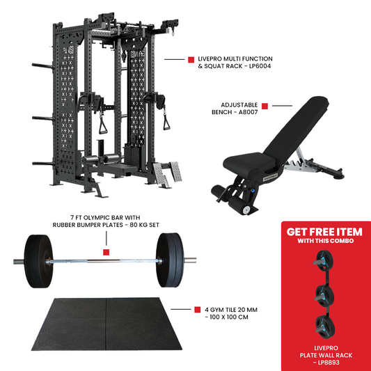 Heavy Duty Gym Tile 20 MM -100 x 100 CM Adjustable Bench A8007 7 Ft Olympic Bar with Rubber Bumper Plates - 80 KG Set Livepro Multi Function & Squat Rack - LP6004