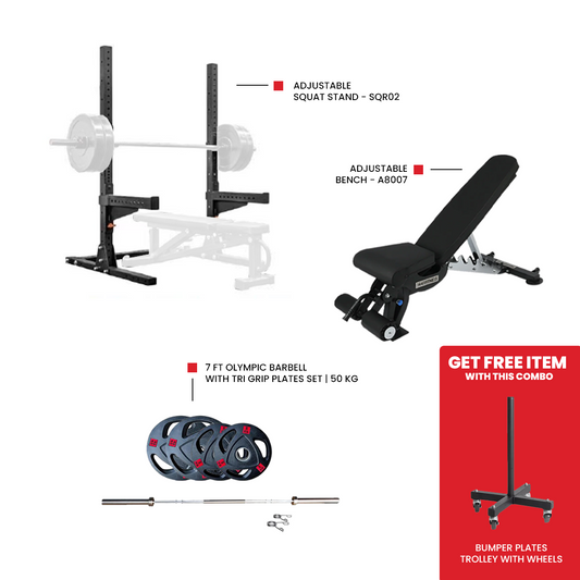 Adjustable bench A8007 for home gym workout 7 Ft Olympic Barbell with Tri Grip Plates Set | 50 kg  Adjustable Squat Stand - SQR02