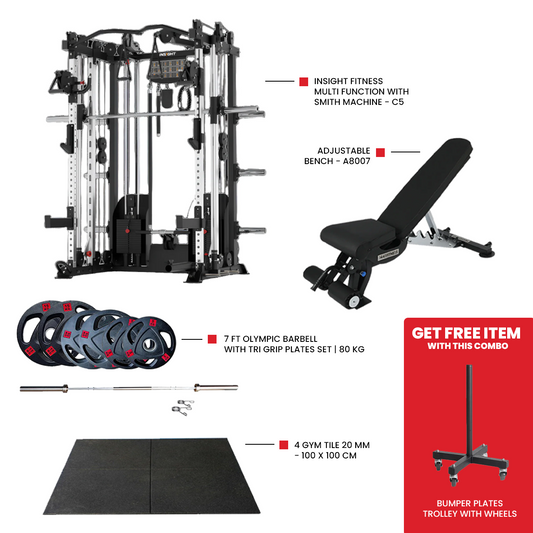 Heavy Duty Gym Tile 20 MM -100 x 100 CM Adjustable bench A8007 for home gym workout 7 Ft Olympic Barbell with Tri Grip Plates Set | 80 kg  Insight Fitness Multi Function with Smith Machine - C5