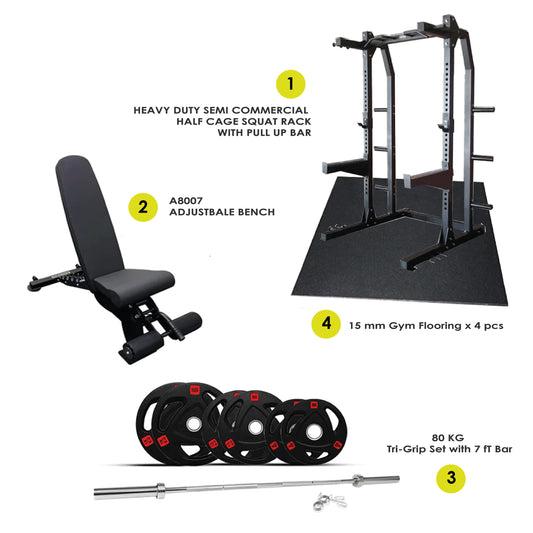 Combo Offer | Half Cage Squat Rack J611 + 80kg  Tri Grip  Plate Set with Adjustable Bench A8007 +  4 Gym Tile 15 MM 