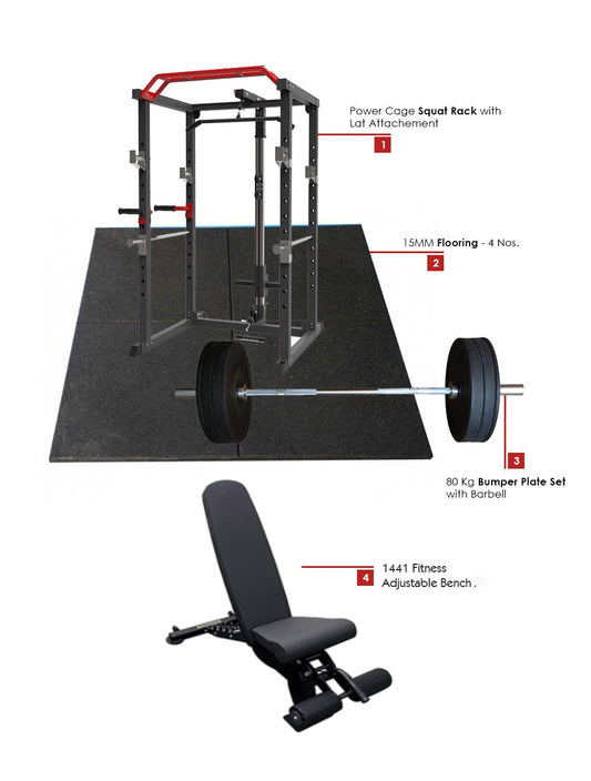 Combo Offer | Power Cage Squat Rack J008 +80 KG Apus Bumper Plate Set + Adjustable Bench A8007 + 4 X 15 mm Flooring 